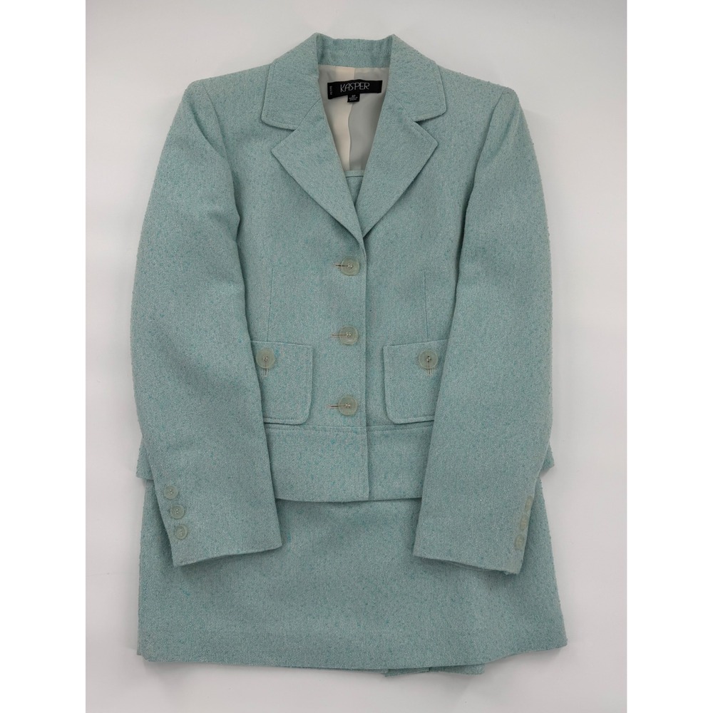 Kasper Petite Aqua Blue Silk Blend Tweed Skirt Suit Set Blazer 8P